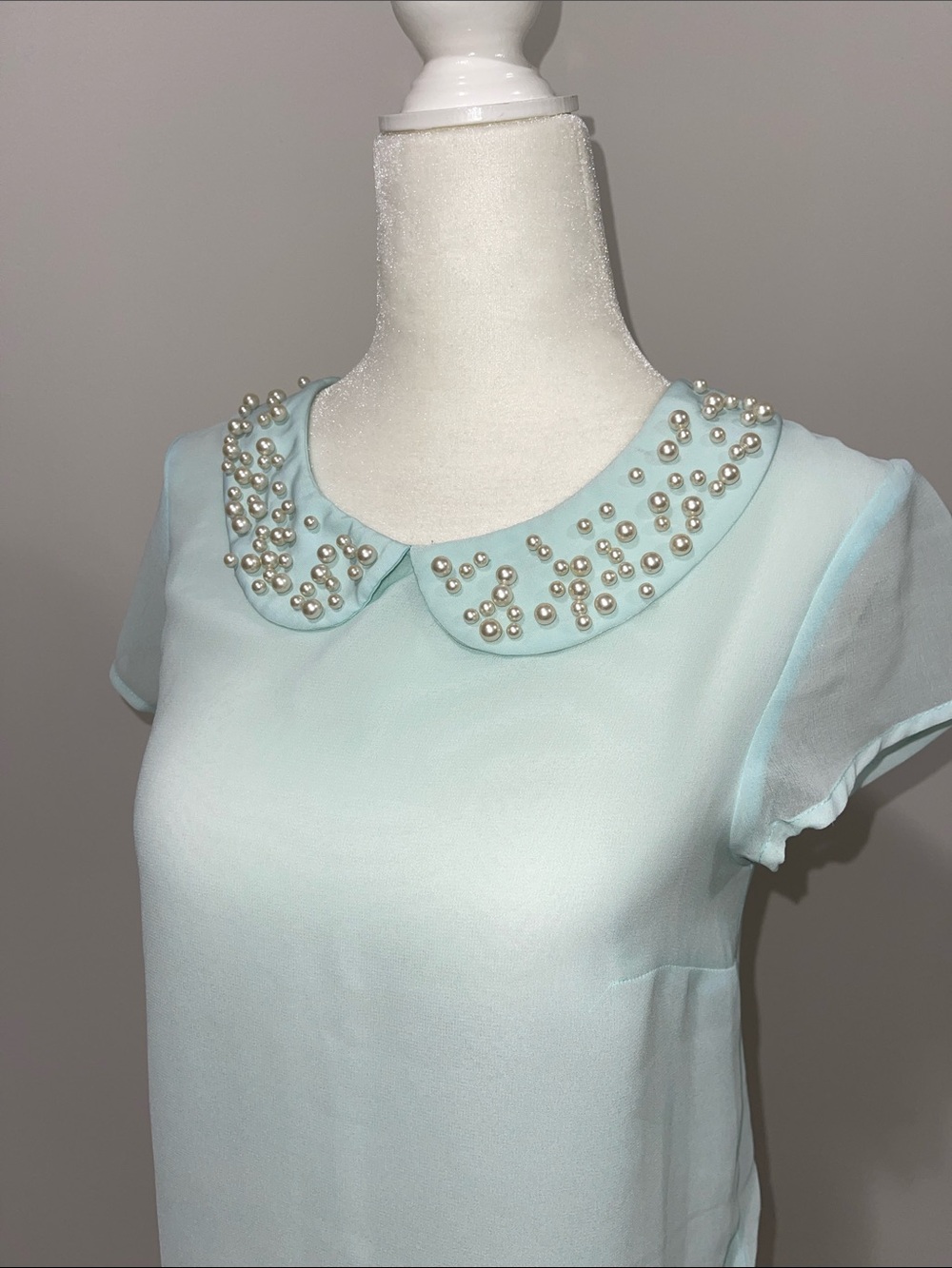 Pearl-Embellished Peter Pan Collar Sheer Top - Light Mint